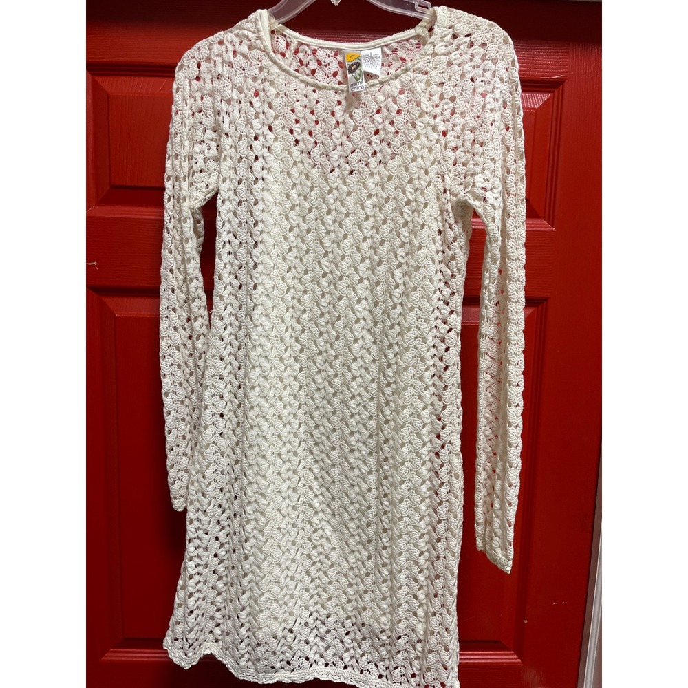 Mimi Chica Cream Crochet Long Sleeve Mini Dress Boho Festival Style DWL811 Small